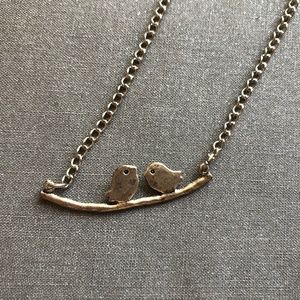 Long Two Birds on Branch Silver Necklace